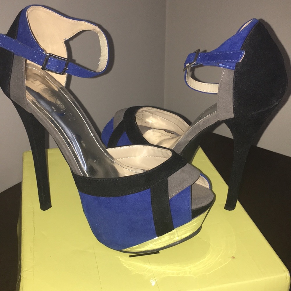 Blue, Grey and Black platform heel
